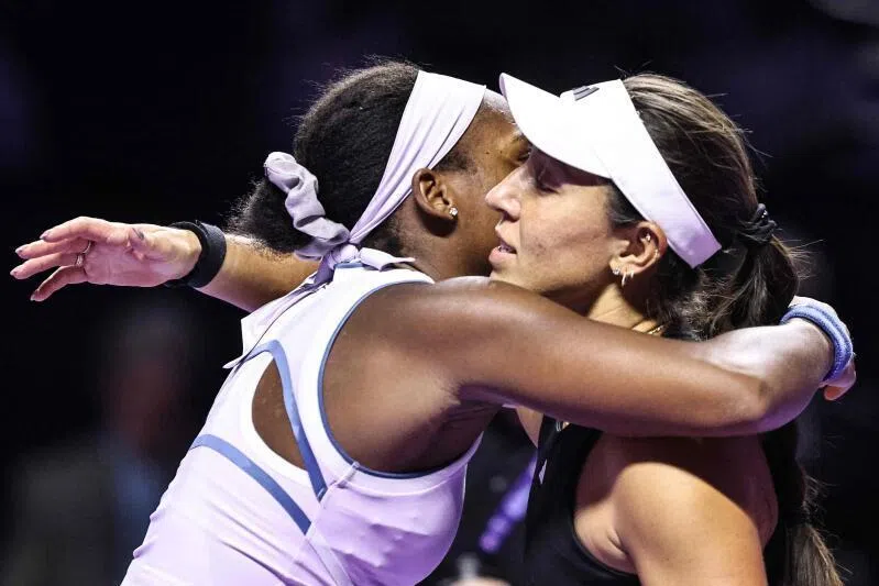 USA’s Coco Gauff (left) and USA’s Jessica Pegula congratulate each other at the end of their tennis match at the WTA Finals in Riyadh.
