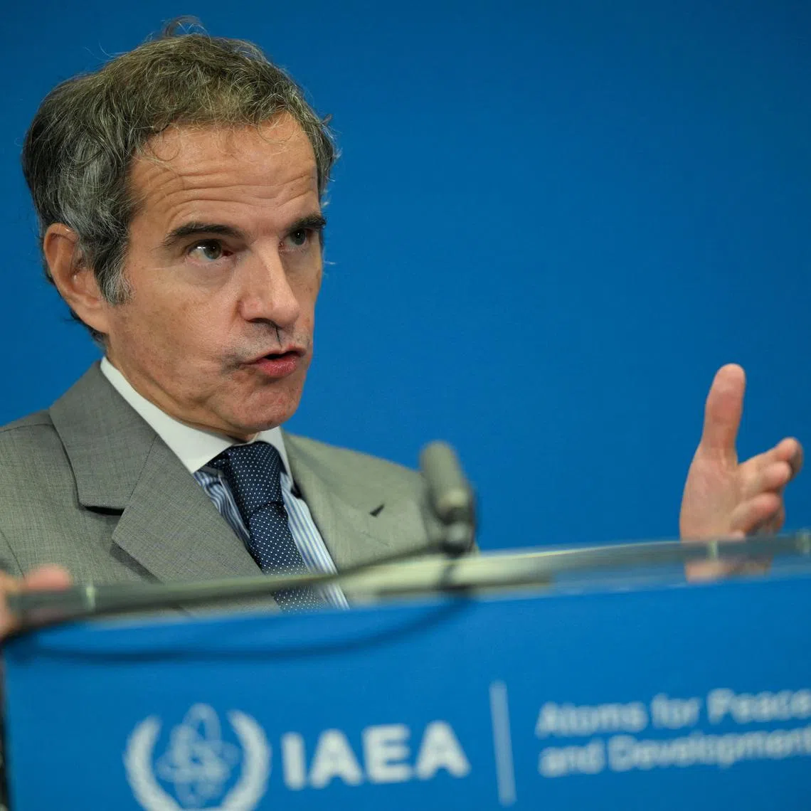 Director General of the International Atomic Energy Agency (IAEA) Raffael Grossi speaking to the media on the opening day of his agency’s quarterly Board of Governors meeting in Vienna on June 8. 