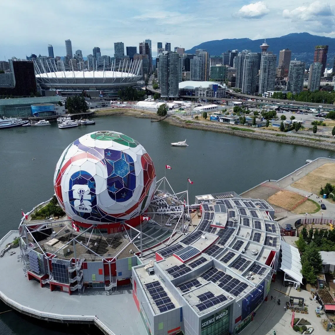 FILE PHOTO: A drone image of Science World, which has been transformed into a 360-degree, 40-metre-diameter re-creation of a match ball ahead of the FIFA World Cup soccer tournament, in Vancouver, British Columbia, Canada, June 3, 2026. REUTERS/Jennifer Gauthier/File Photo