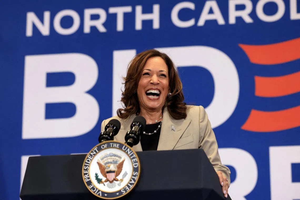 FILE PHOTO: U.S. Vice President Kamala Harris campaigns at Westover High School in Fayetteville, North Carolina, U.S., July 18, 2024. REUTERS/Kevin Mohatt/File Photo