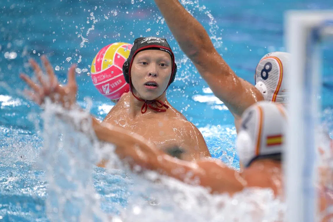Japan water polo star Taiyo Watanabe (third from right) has alopecia, which causes complete loss of hair on the scalp and body.  He scored four goals in the 22-16 loss to World Cup winners Spain.