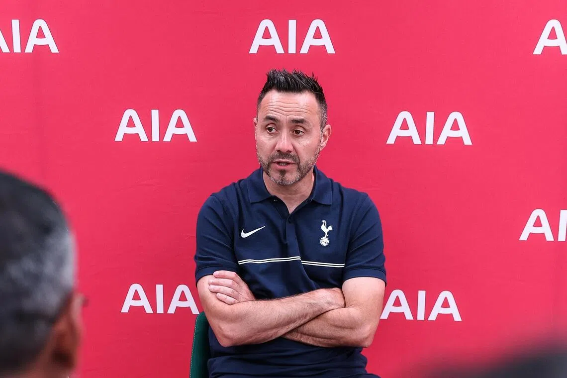 Tottenham Hotspur manager Roberto de Zerbi speaking to the Singaporean media at the club’s training centre in Enfield on Sept 10.