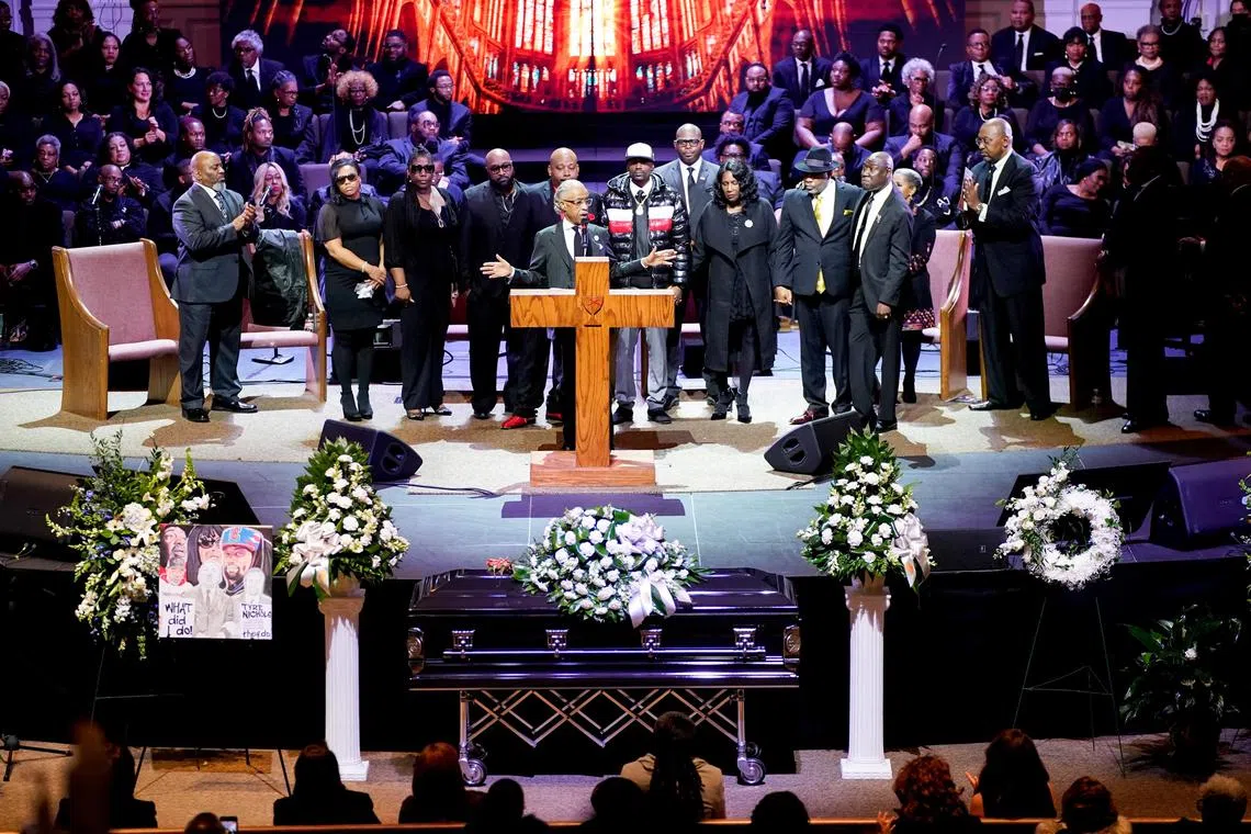 Rev. Al Sharpton introduces the family of Tyre Nichols during his funeral service at Mississippi Boulevard Christian Church in Memphis on Feb 1.