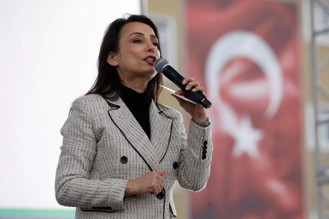 Tulay Hatimogullari, co-chair of pro-Kurdish Peoples' Equality and Democracy Party (DEM Party), addresses their supporters during a rally in Istanbul, Turkey, February 2, 2025. REUTERS/Dilara Senkaya