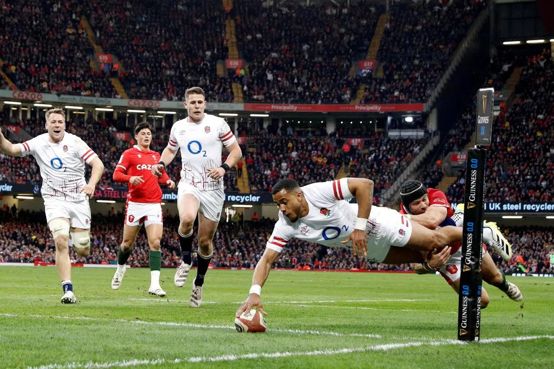 England's Anthony Watson scoring their first try of the 20-10 win over Wales in Cardiff in the Six Nations on Saturday.
