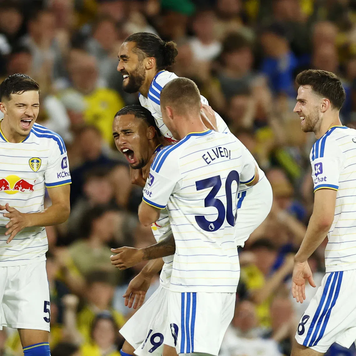 Leeds’ Noah Okafor celebrates scoring their fourth goal against Newcastle with teammates.