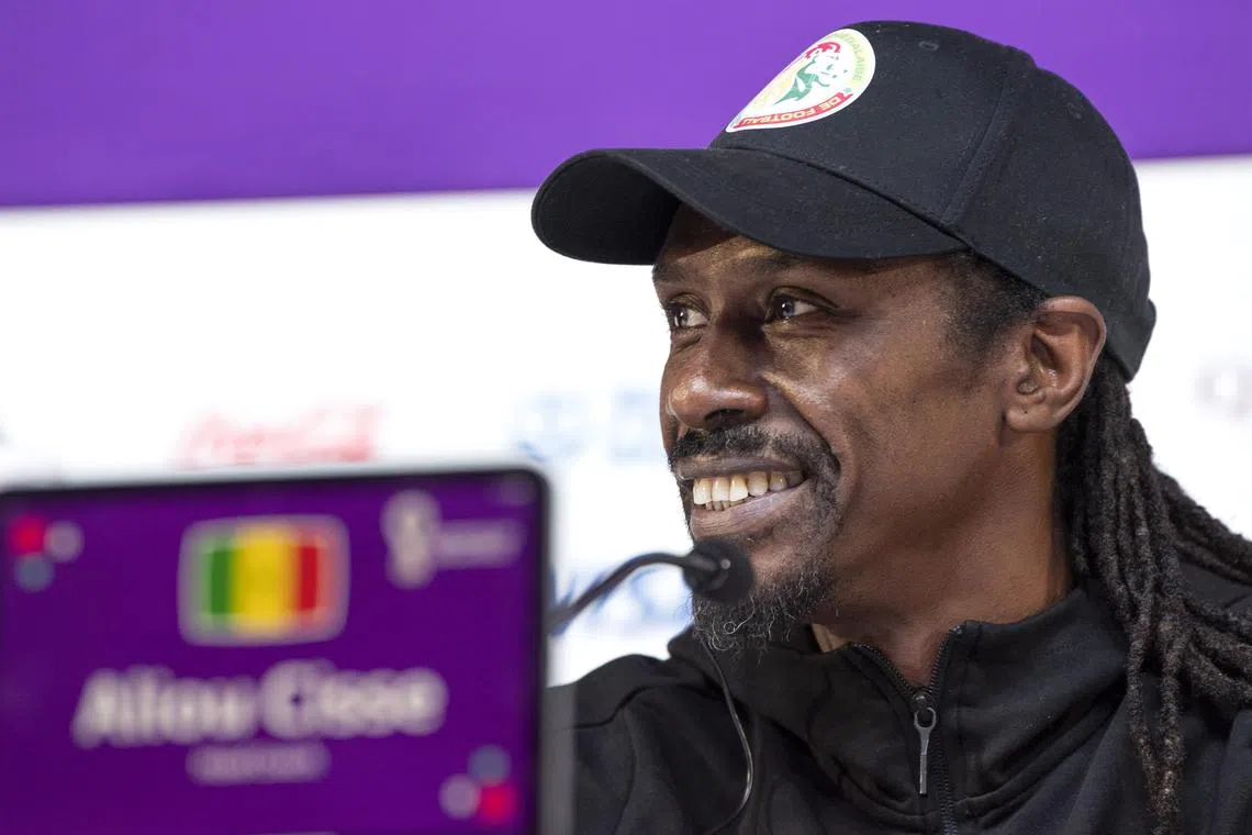 Senegal national team coach Aliou Cisse during a press conference at the Qatar National Convention Centre in Doha on Monday ahead of his side's crucial World Cup Group A clash against Ecuador.