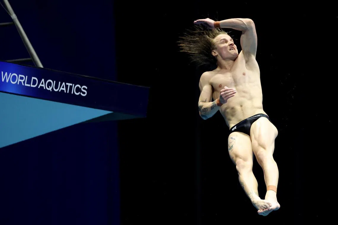 Cassiel Rousseau of Australia on his way to a shock men's 10m platform gold at the World Aquatics Championships in Fukuoka on July 22, 2023.