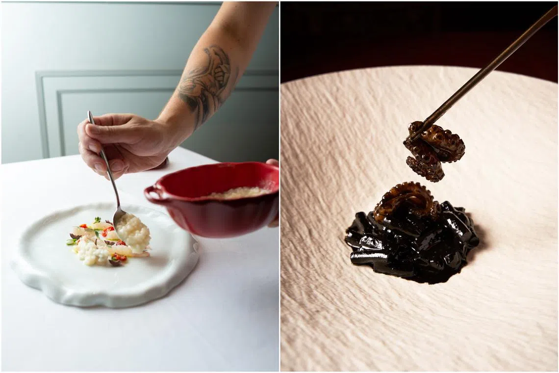 Carnaroli rice simmered in clarified tomato broth (left) and Dong Dang rice noodles in squid ink.