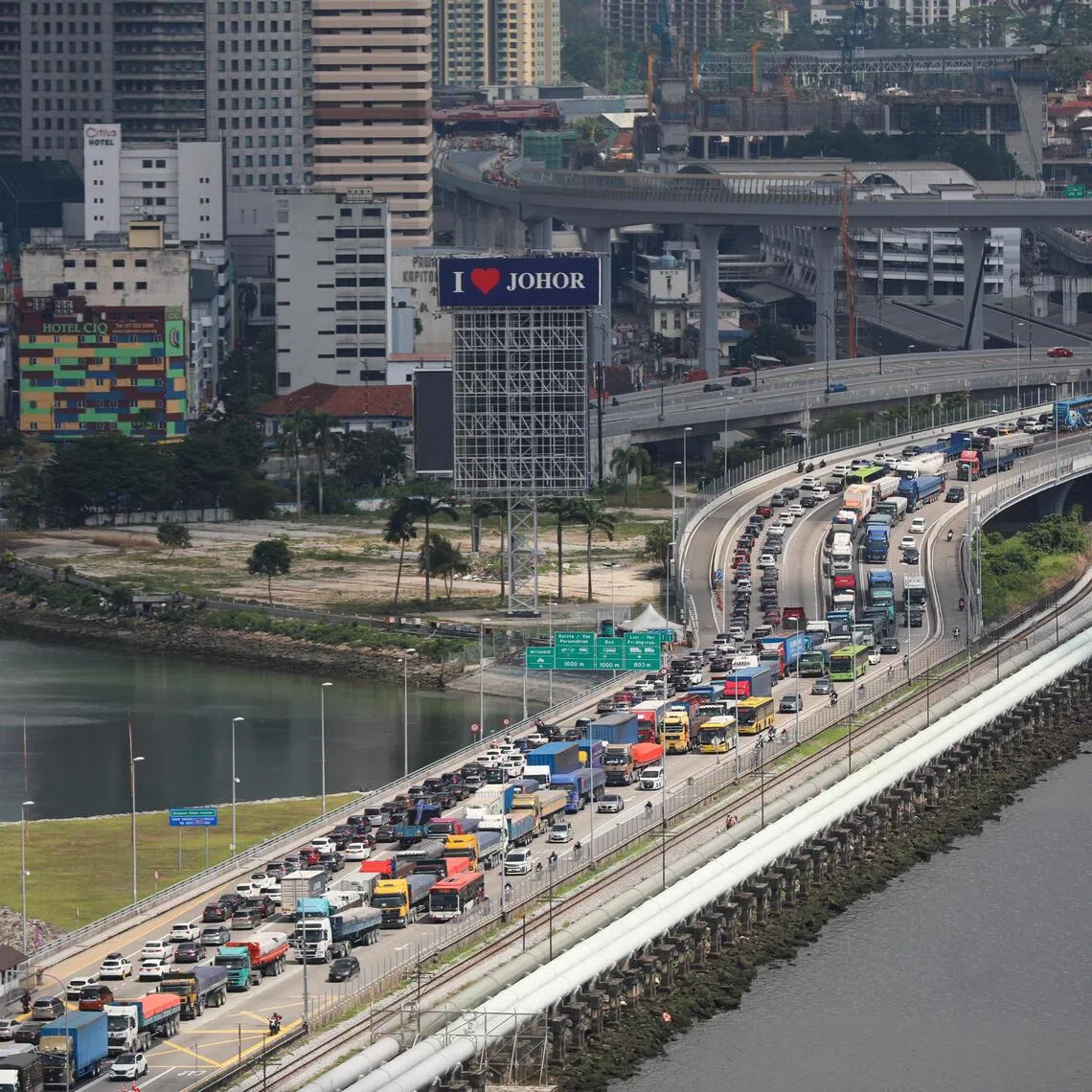 Traffic on the Causeway between Singapore and Johor Bahru.