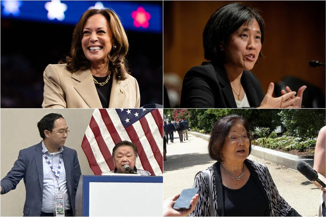 (Clockwise from top left) Ms Kamala Harris, Ms Katherine Tai, Ms Mazie Hirono, Ms Bel Leong-Hong and Mr Andy Kim.