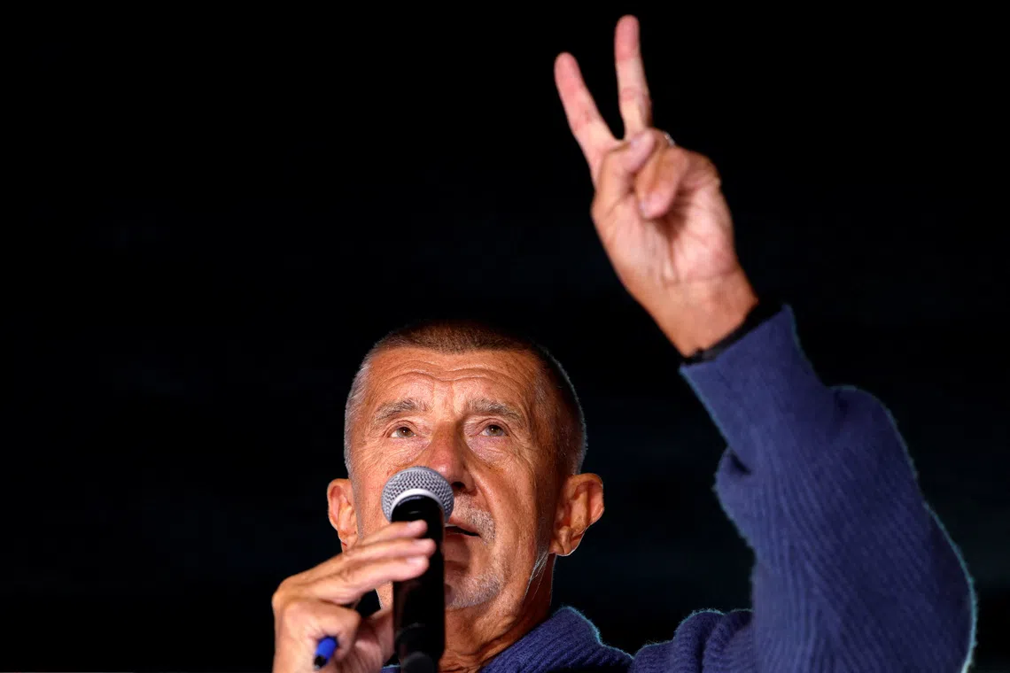Former Czech Prime Minister and leader of ANO party, Andrej Babis, speaks during an election campaign rally ahead of the country's parliamentary election that will start on October 3, in Liberec, Czech Republic, September 23, 2025. REUTERS/David W Cerny