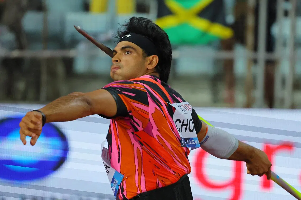 FILE PHOTO: Athletics - Diamond League - Lausanne - Stade Olympique de la Pontaise, Lausanne, Switzerland - August 22, 2024 India's Neeraj Chopra in action during the men's javelin throw REUTERS/Denis Balibouse/File photo
