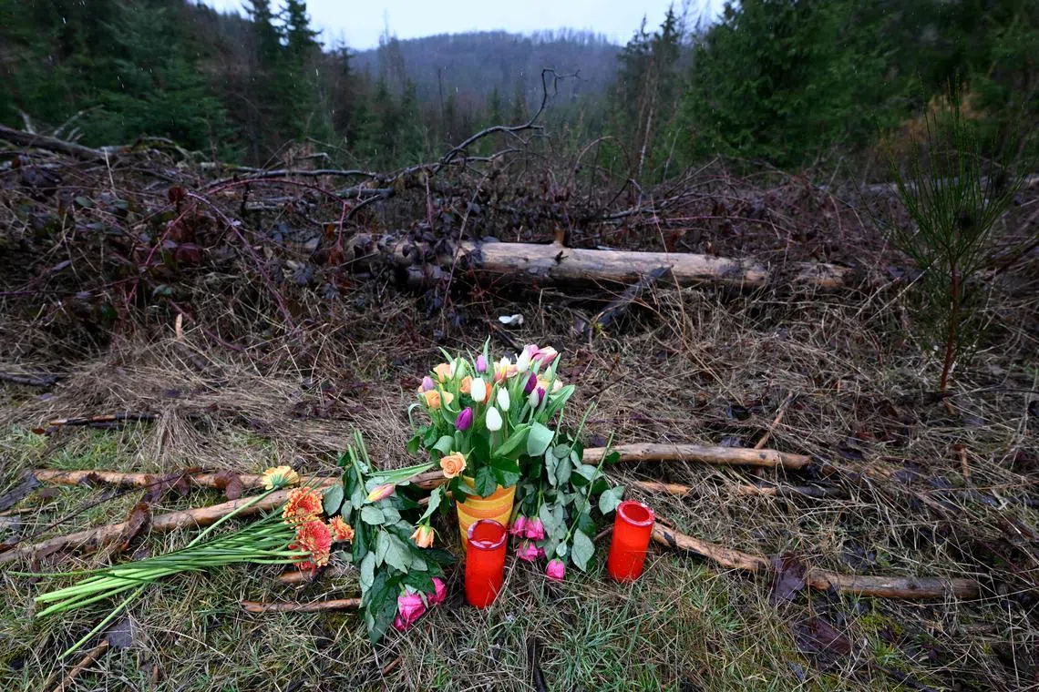 A makeshift memorial of flowers and candles are placed at the site where the body of a murdered schoolgirl, identified only as Luise, was found.