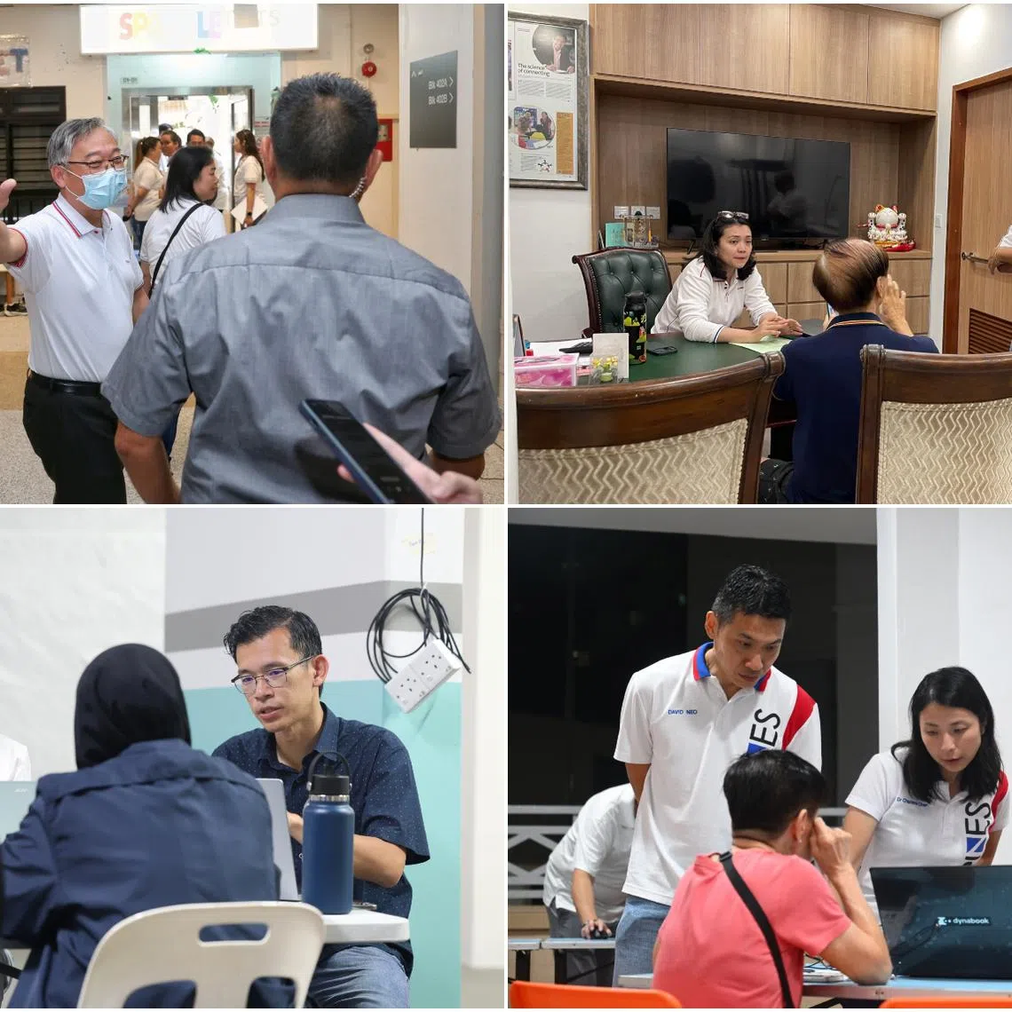 (Clockwise from top left) DMP and Punggol GRC MP Gan Kim Yong, East Coast GRC MP Hazlina Abdul Halim, Tampines GRC MPs Charlene Chen and David Neo and WP Aljunied MP Kenneth Tiong at their respective Meet-the-People session on May 4.
