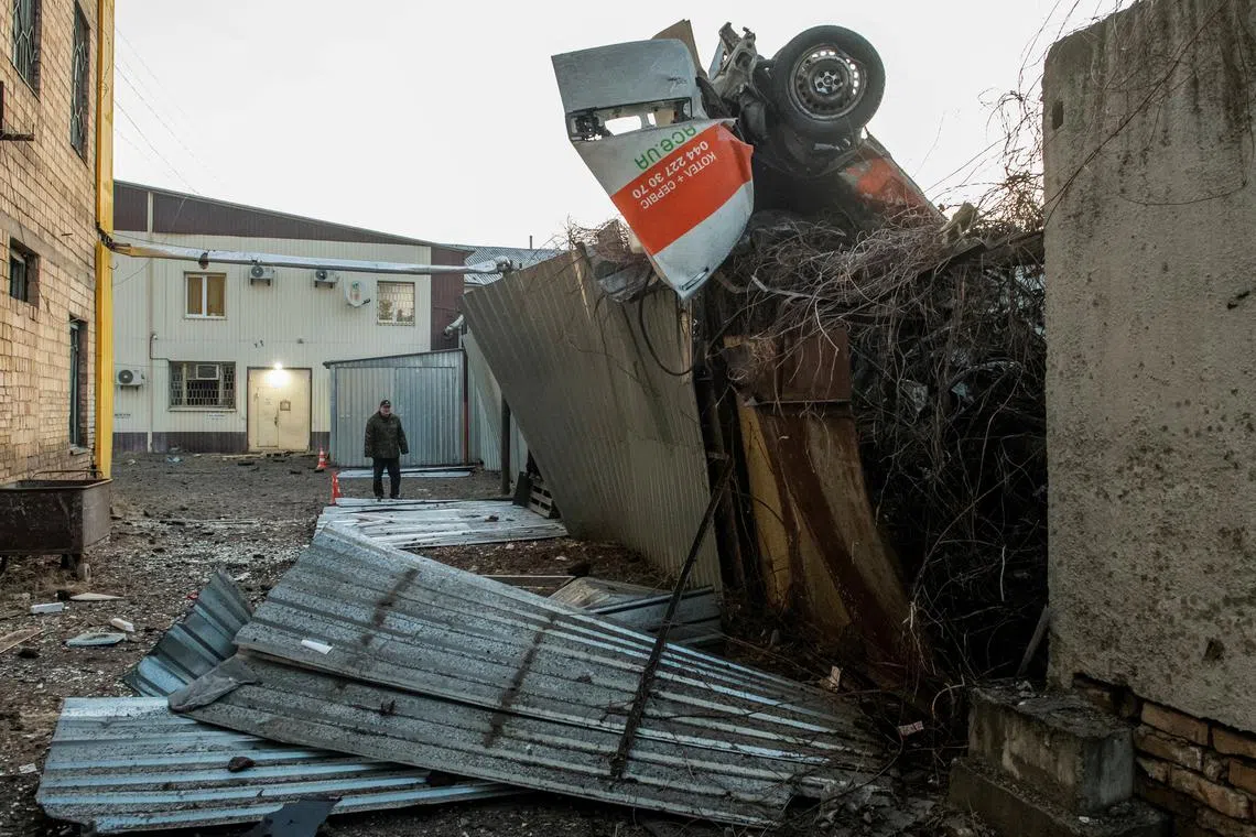 A view shows a site of a Russian missile strike, amid Russia's attack on Ukraine, in Kyiv, Ukraine February 12, 2025. REUTERS/Vladyslav Musiienko