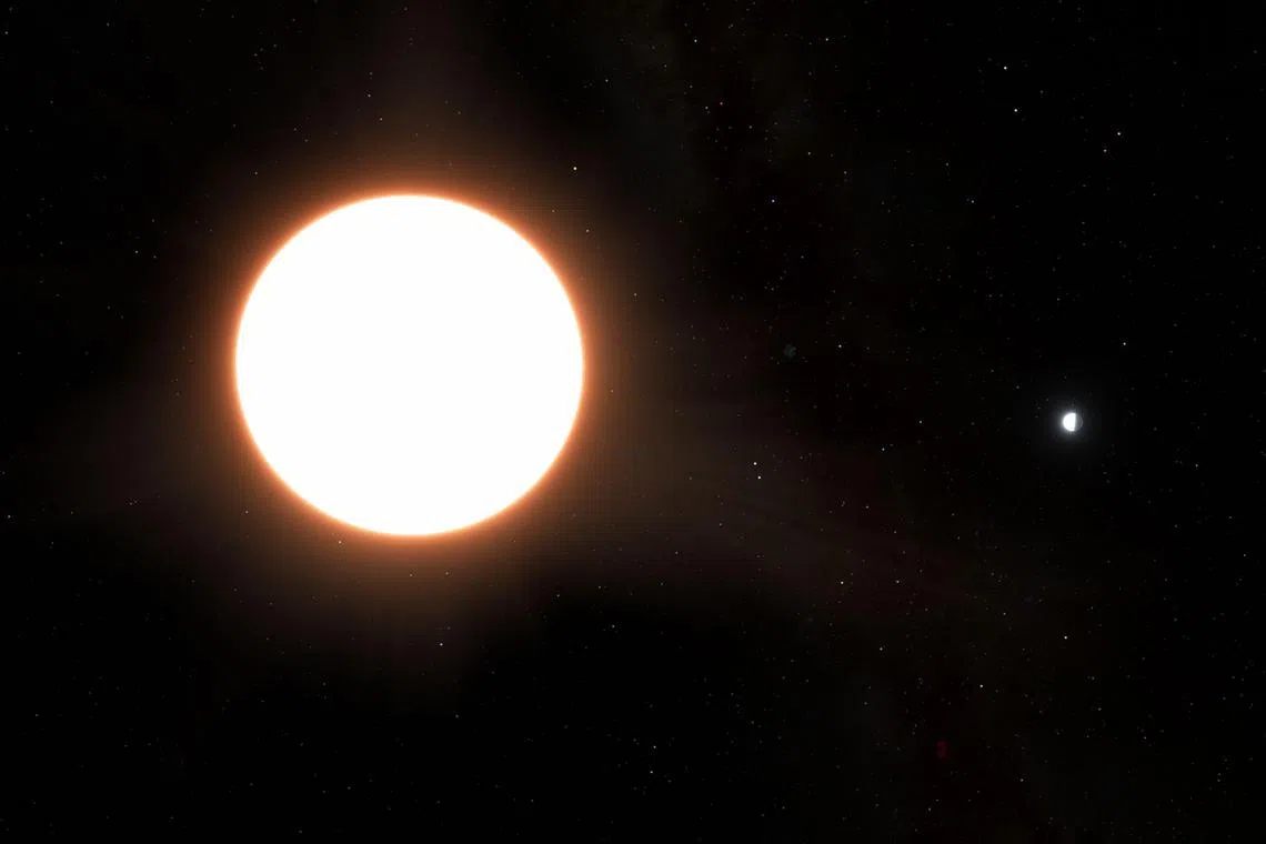 This handout image released on July 10, 2023, by the European Space Agency (ESA) shows an artist impression of exoplanet LTT9779b orbiting its host star. The planet is around the size of Neptune and reflects 80% of the light shone on it, making it the largest known “mirror” in the Universe. This shininess was discovered by detailed measurements made by ESA’s Cheops of the amount of light coming from the planet-star system. Because the planet reflects starlight back to us, the amount of light reaching Cheops’ instruments slightly decreased when the planet moved out of view behind its star. This small decrease could be measured thanks to the high precision of the detectors. (Photo by Handout / EUROPEAN SPACE AGENCY / AFP) / RESTRICTED TO EDITORIAL USE - MANDATORY CREDIT "AFP PHOTO / Ricardo Ramirez Reyes (Universidad de Chile) / EUROPEAN SPACE AGENCY" - NO MARKETING NO ADVERTISING CAMPAIGNS - DISTRIBUTED AS A SERVICE TO CLIENTS