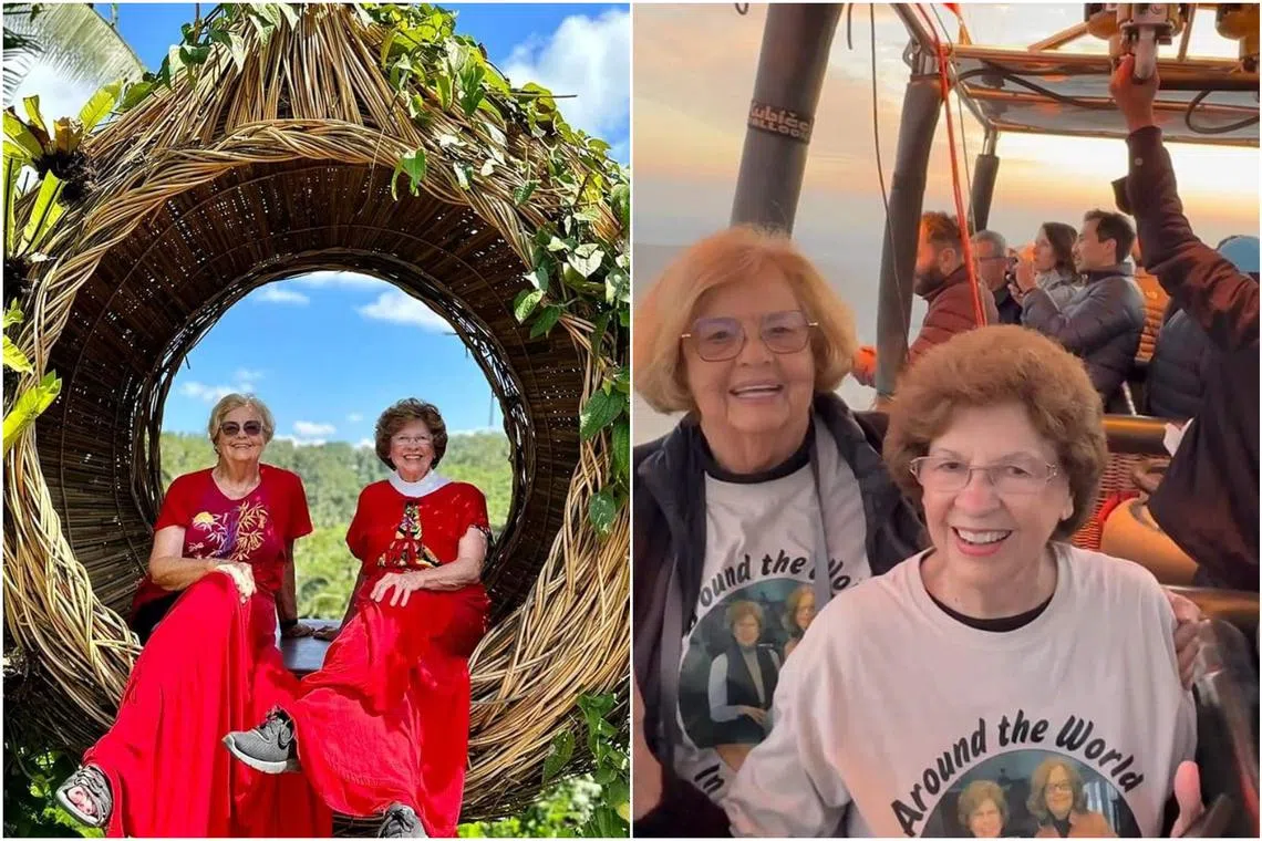 Mr Eleanor Hamby and Dr Sandra Hazelip on a swing in Bali (left) and in a hot-air balloon over the Valley of the Kings in Egypt.