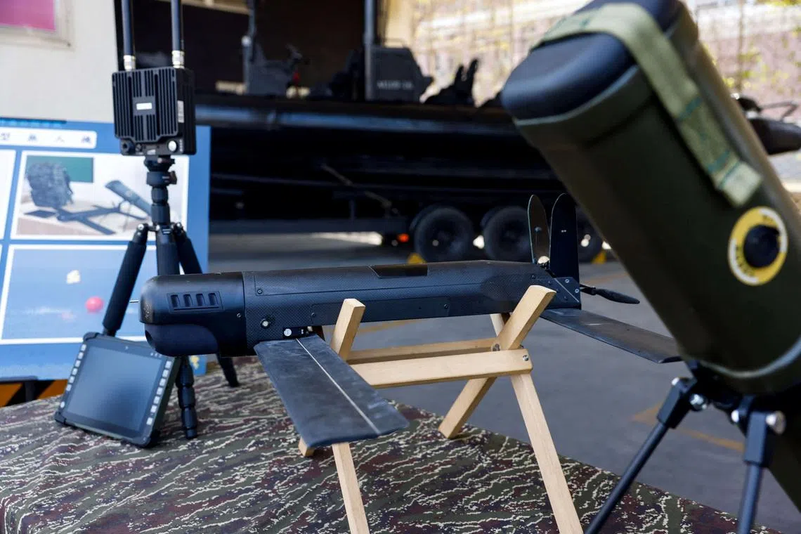 A Taiwan-made attack drone is displayed during an annual military exercise ahead of the Lunar New Year, in Kaohsiung, Taiwan, January 29, 2026. REUTERS/Ann Wang