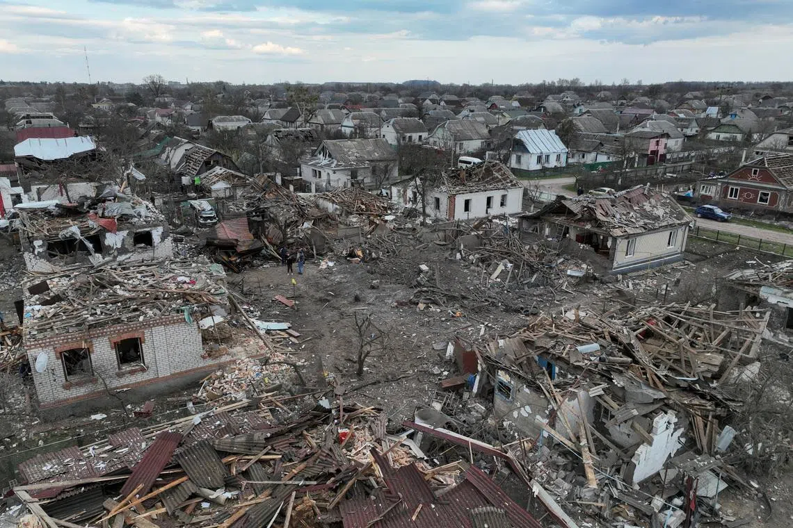 A drone view of the houses destroyed and heavily damaged during a Russian missile strike, amid Russia's attack on Ukraine, in the town of Korosten, Zhytomy region, Ukraine April 3, 2026. REUTERS/Valentyn Ogirenko/File Photo