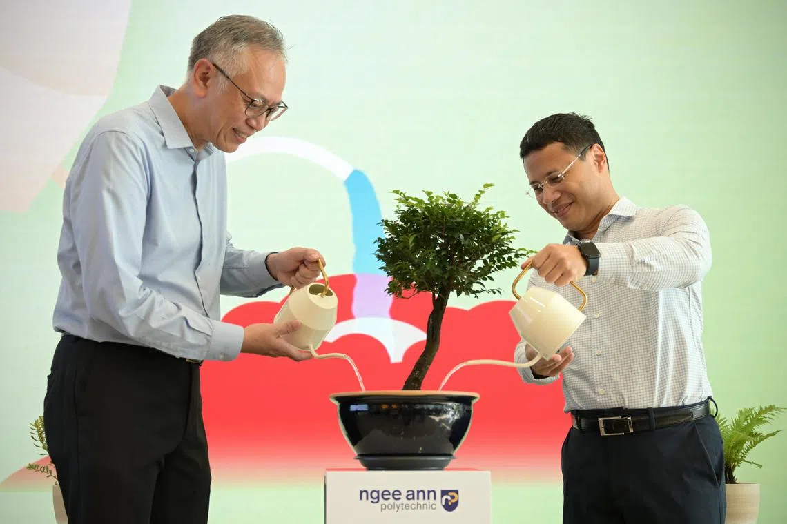 Principal of Ngee Ann Polytechnic (NP) Lim Kok Kiang and Minister for National Development Desmond Lee at the launch of NP's Sustainability Education & Ecosystem Development (SEED) initiative on March 28, 2024
