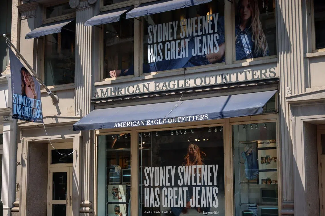 Advertisements featuring actress Sydney Sweeney outside an American Eagle store in New York on Aug 4.