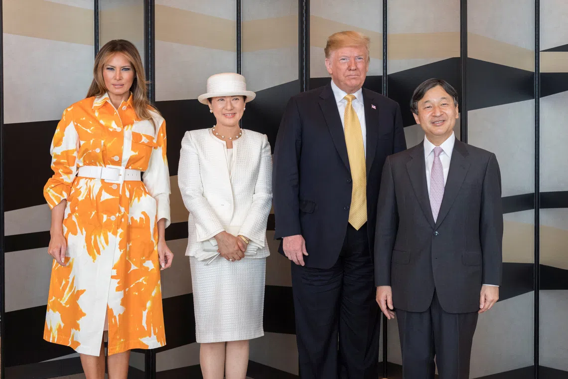 U.S. President Donald Trump and first lady Melania Trump pose for a photograph with Japan's Emperor Naruhito and Empress Masako as they are bid farewell by the Emperor and Empress before their leaving from Japan, at a hotel in Tokyo, Japan May 28, 2019, in this photo released by Imperial Household Agency of Japan. Imperial Household Agency of Japan/Handout via Reuters