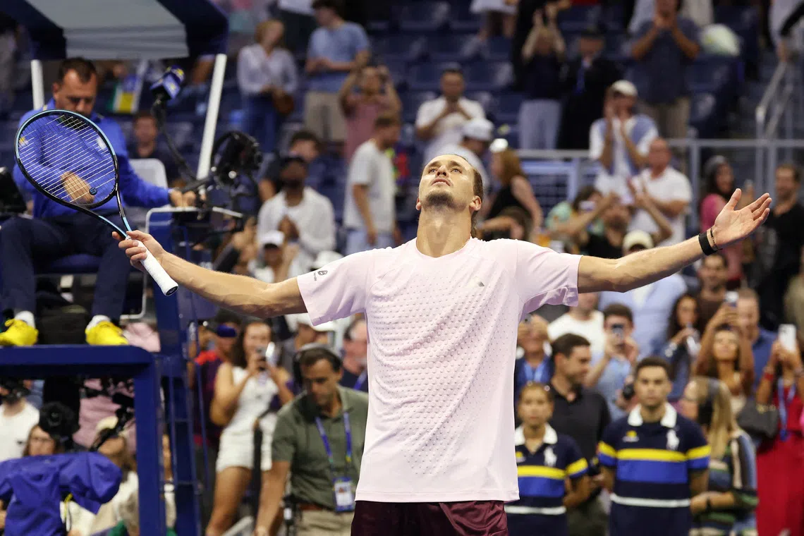 Tennis - U.S. Open - Flushing Meadows, New York, United States - September 2, 2026 Germany's Alexander Zverev celebrates after winning his first round match against Italy's Lorenzo Sonego IMAGN IMAGES via Reuters/Geoff Burke