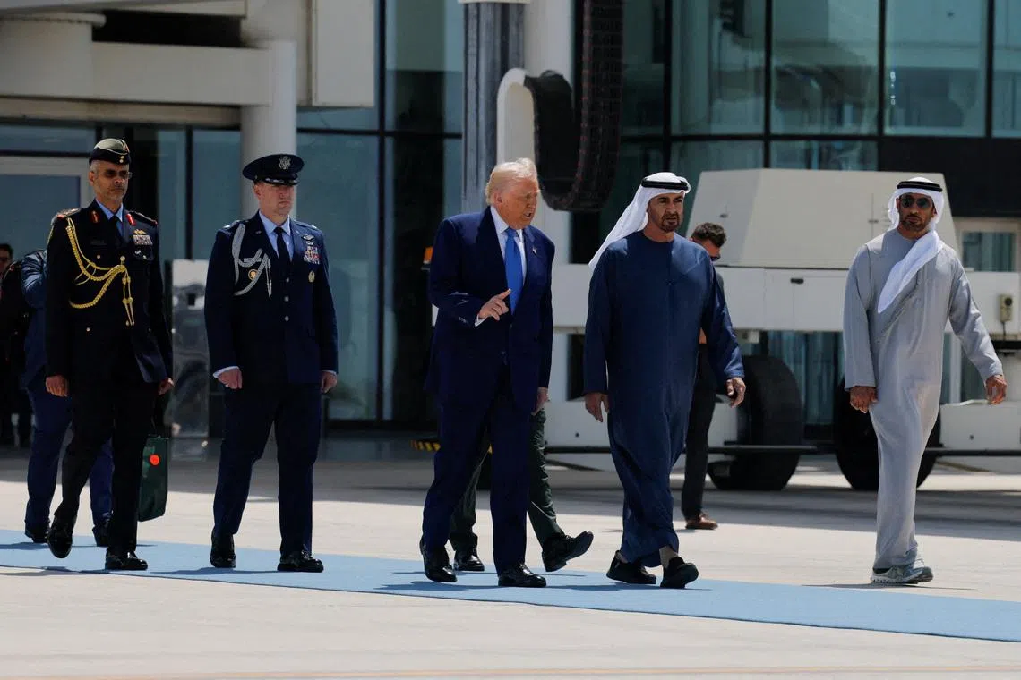 UAE President Sheikh Mohamed bin Zayed Al Nahyan accompanying US President Donald Trump as he departs Abu Dhabi on May 16, 2025.