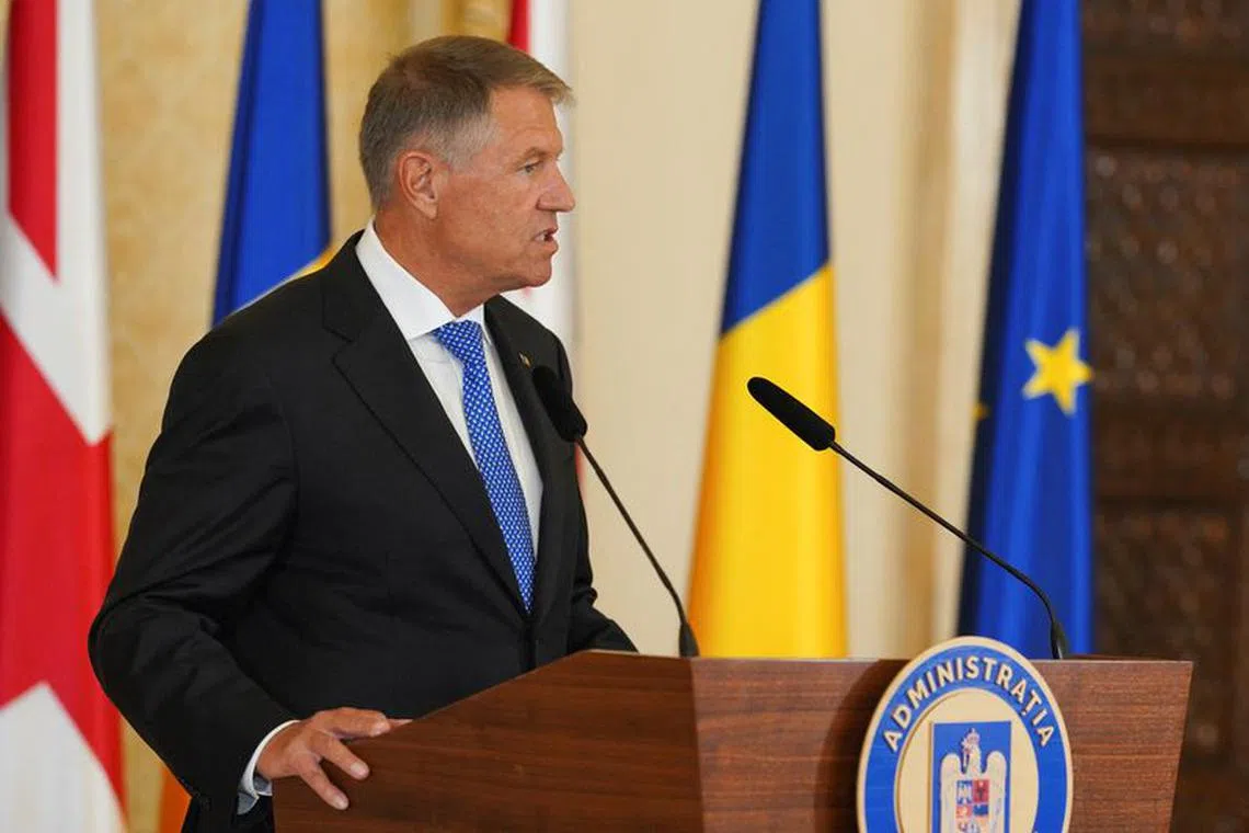 Romania's President Klaus Iohannis attends official welcome ceremony at Cotroceni Palace, in Bucharest, Romania, June 2, 2023. REUTERS/Andreea Campeanu/File photo