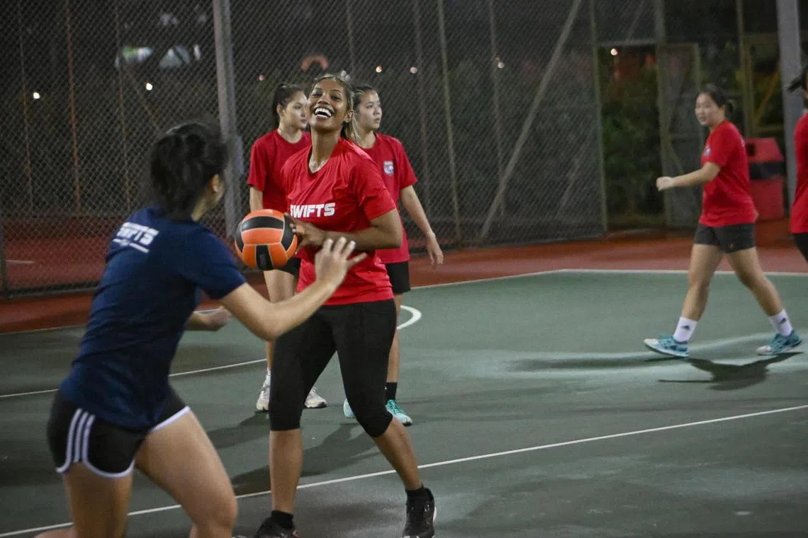 Aqilah Andin of Swifts Netball Club training at Kallang Netball Centre on 31 January 2023.