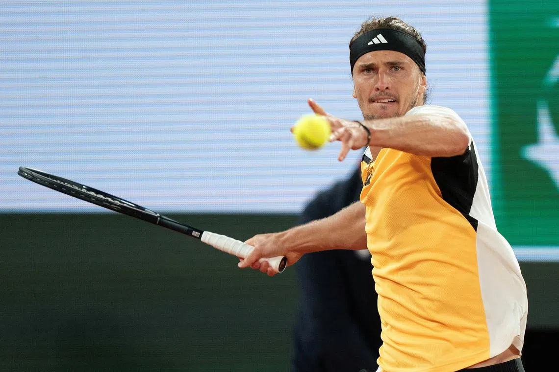 FILE PHOTO: Jun 5, 2024; Paris, France; Alexander Zverev of Germany returns a shot during his match against Alex De Minaur of Australia on day 11 of Roland Garros at Stade Roland Garros. Mandatory Credit: Susan Mullane-USA TODAY Sports/File Photo