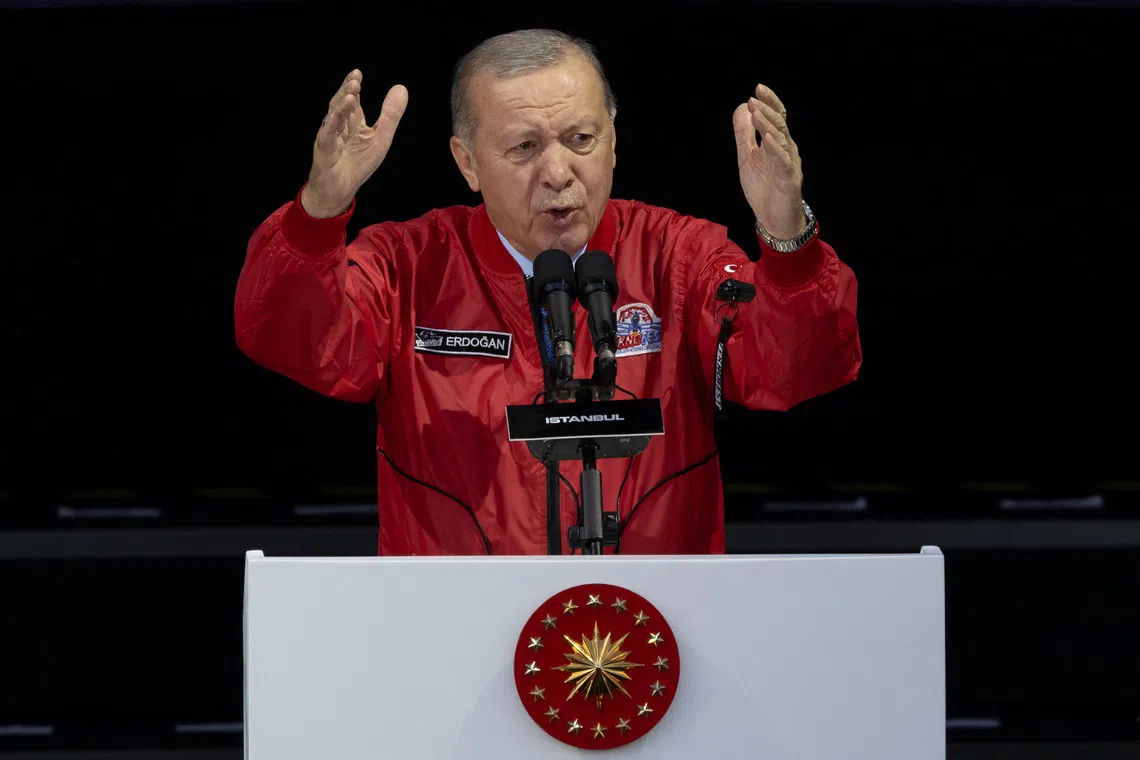 Turkish President Tayyip Erdogan delivers a speech during the Teknofest, the country's largest aerospace and technology festival, in Istanbul, Turkey, September 19, 2025. REUTERS/Umit Bektas