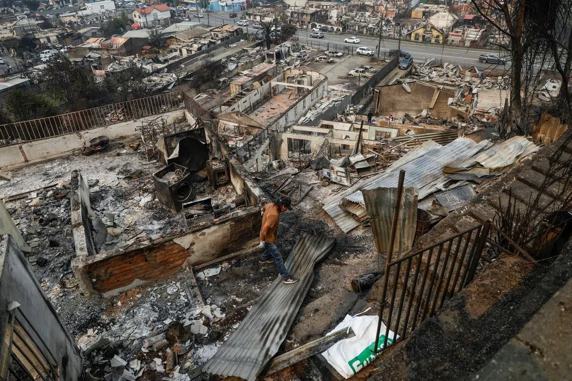 A person inspects a destroyed building, in the aftermath of a forest fire in the Biobio region, where multiple wildfires prompted emergency evacuations, in Concepcion, Chile January 19, 2026. REUTERS/Juan Gonzalez