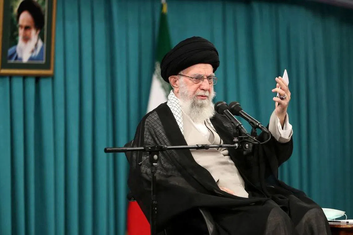 FILE PHOTO: Iran's Supreme Leader Ayatollah Ali Khamenei speaks during a meeting with commanders and a group of members of the Islamic Revolutionary Guard Corps in Tehran, Iran August 17, 2023. Office of the Iranian Supreme Leader/WANA (West Asia News Agency) via REUTERS/File Photo