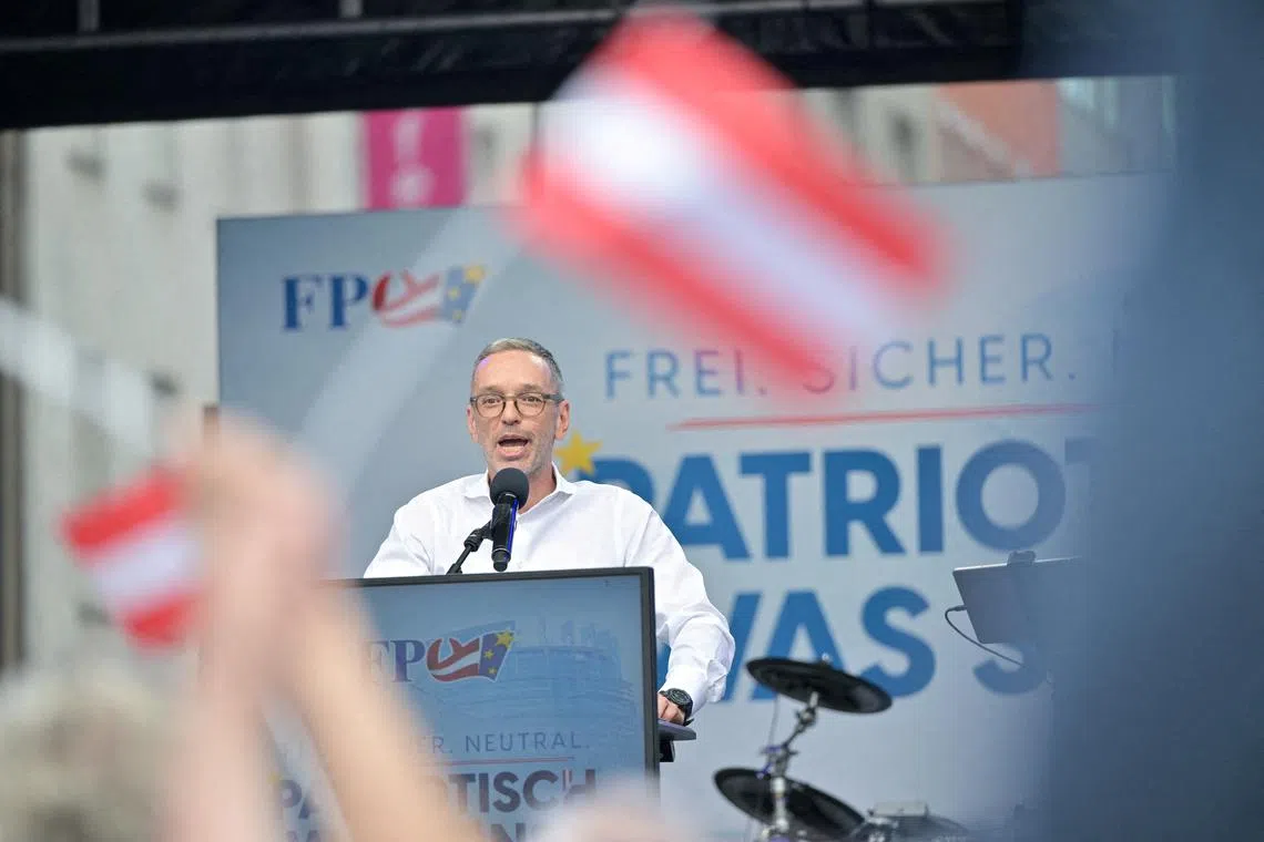 FILE PHOTO: Austrian head of Freedom Party (FPOe) Herbert Kickl delivers a speech during the final EU election rally in Vienna, Austria, June 7, 2024. REUTERS/Elisabeth Mandl/File Photo