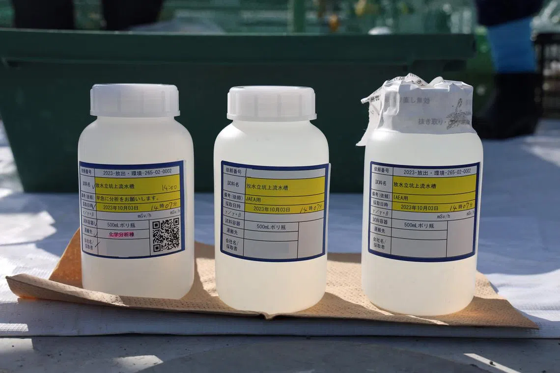 Sampling bottles from the upper-stream storage at the Fukushima Daiichi nuclear power plant, in Okuma, on Oct 3.