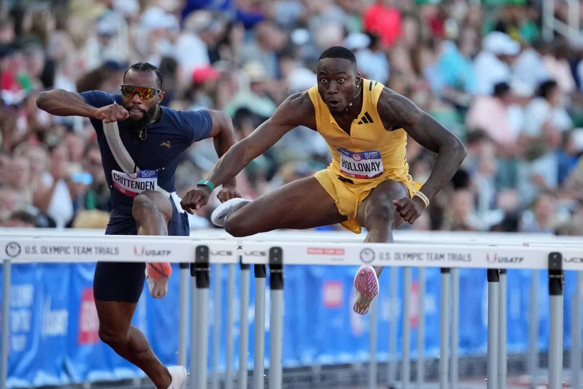 Jun 28, 2024; Eugene, OR, USA; Grant Holloway defeats Freddie Crittenden to win the 110m hurdles in 12.86 during the US Olympic Team Trials at Hayward Field. Mandatory Credit: Kirby Lee-USA TODAY Sports