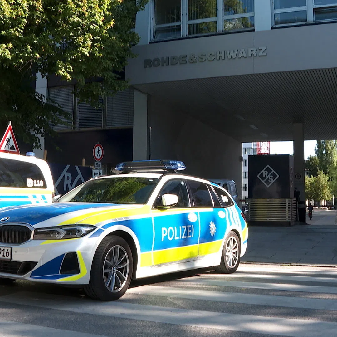 Police secures the area after a suspected politically motivated arson attack on a construction site outside the headquarters of defence tech firm Rohde & Schwarz in Munich, Germany, September 3, 2026.     REUTERS/Louisa Off