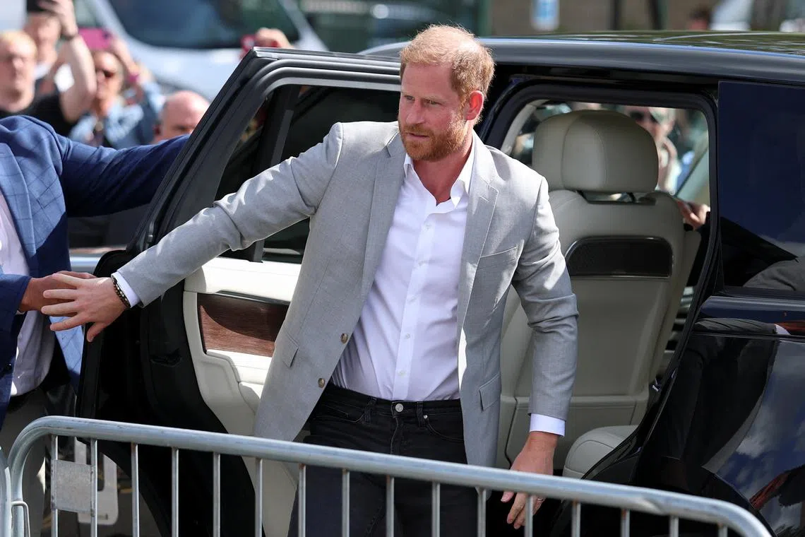 Britain's Prince Harry arrives for a visit to the Community Recording Studio (CRS), a grassroots institution providing opportunities for young people, in Nottingham, Britain, September 9, 2025. REUTERS/Phil Noble
