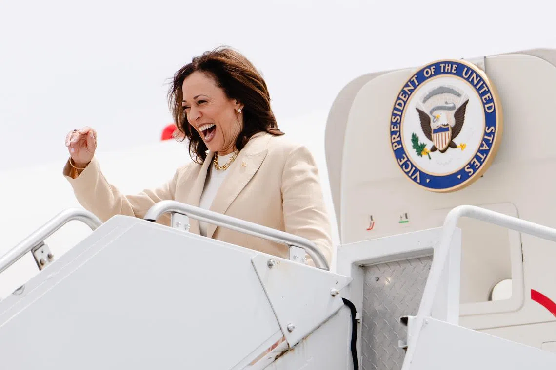 US Vice-President Kamala Harris arrives aboard Air Force Two in Buzzards Bay, Massachusetts while on her way to a campaign fundraiser on  July 20. 