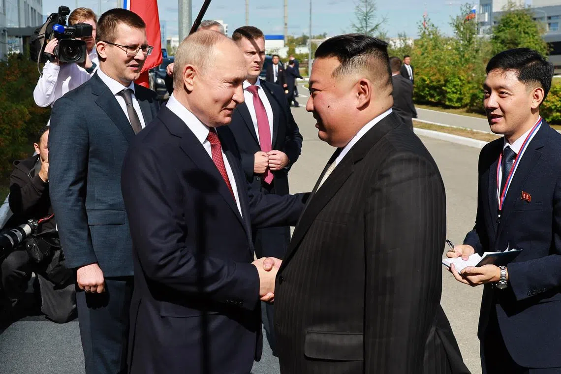 Russian President Vladimir Putin (left) had almost five hours of talks with North Korea’s leader Kim Jong-un in Russia, on Sept 13.
