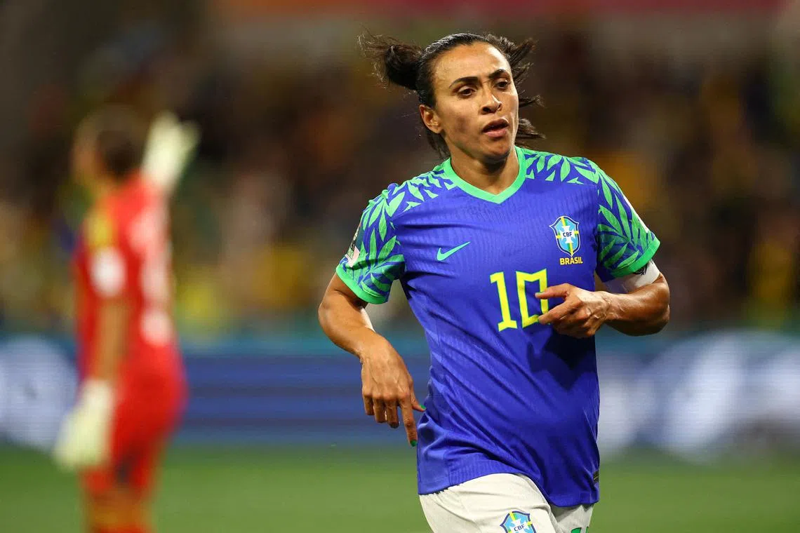 FILE PHOTO: Soccer Football - FIFA Women’s World Cup Australia and New Zealand 2023 - Group F - Jamaica v Brazil - Melbourne Rectangular Stadium, Melbourne, Australia - August 2, 2023 Brazil's Marta reacts REUTERS/Hannah Mckay/File Photo