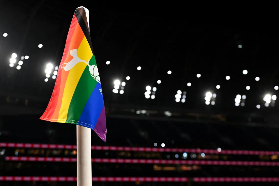 Soccer Football - Premier League - Tottenham Hotspur v West Ham United - Tottenham Hotspur Stadium, London, Britain - December 7, 2023 General view of an LGBT Rainbow laces campaign coloured corner flag before the match REUTERS/Tony Obrien