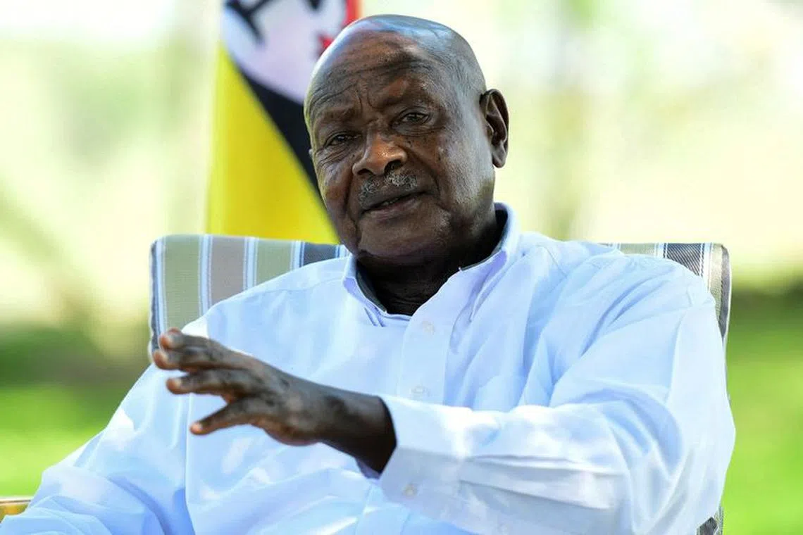 FILE PHOTO: Uganda's President Yoweri Museveni speaks during a Reuters interview at his farm in Kisozi settlement of Gomba district, in the Central Region of Uganda, January 16, 2022. Picture taken January 16, 2022. REUTERS/Abubaker Lubowa/File Photo