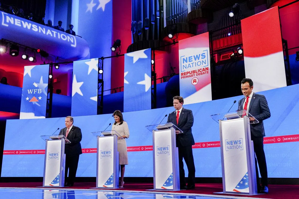 Former governor Nikki Haley (second from left) and Vivek Ramaswamy (extreme right) are children of Indian immigrants.