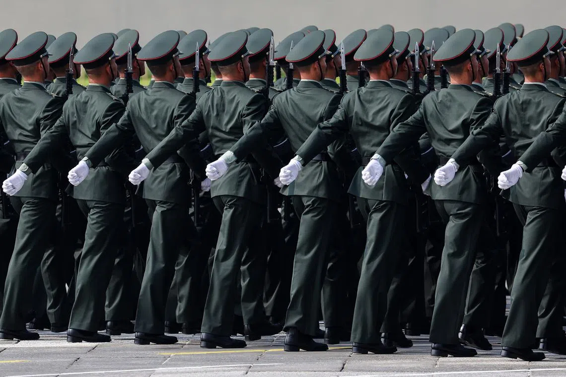 Chinese troops marching during a military parade marking the 80th anniversary of victory over Japan and the end of World War II, in Beijing’s Tiananmen Square, China, on Sept 3, 2025. 