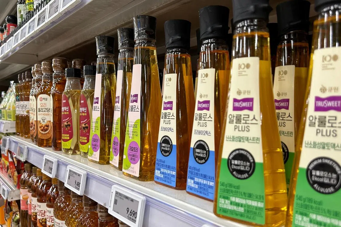 FILE PHOTO: Bottles of allulose sweeteners are on display at a supermarket in Seoul, South Korea, October 11, 2024. REUTERS/Hyunsu Yim/File Photo