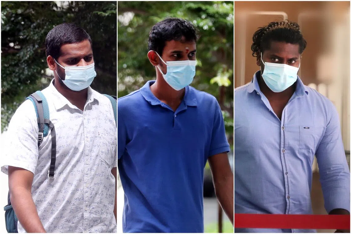 (From left) Ezhilarasan Nagarajan, Radhakrishnan Elavarasan and Balasubramaniyan Nivas each pleaded guilty to a charge of attempted theft.
