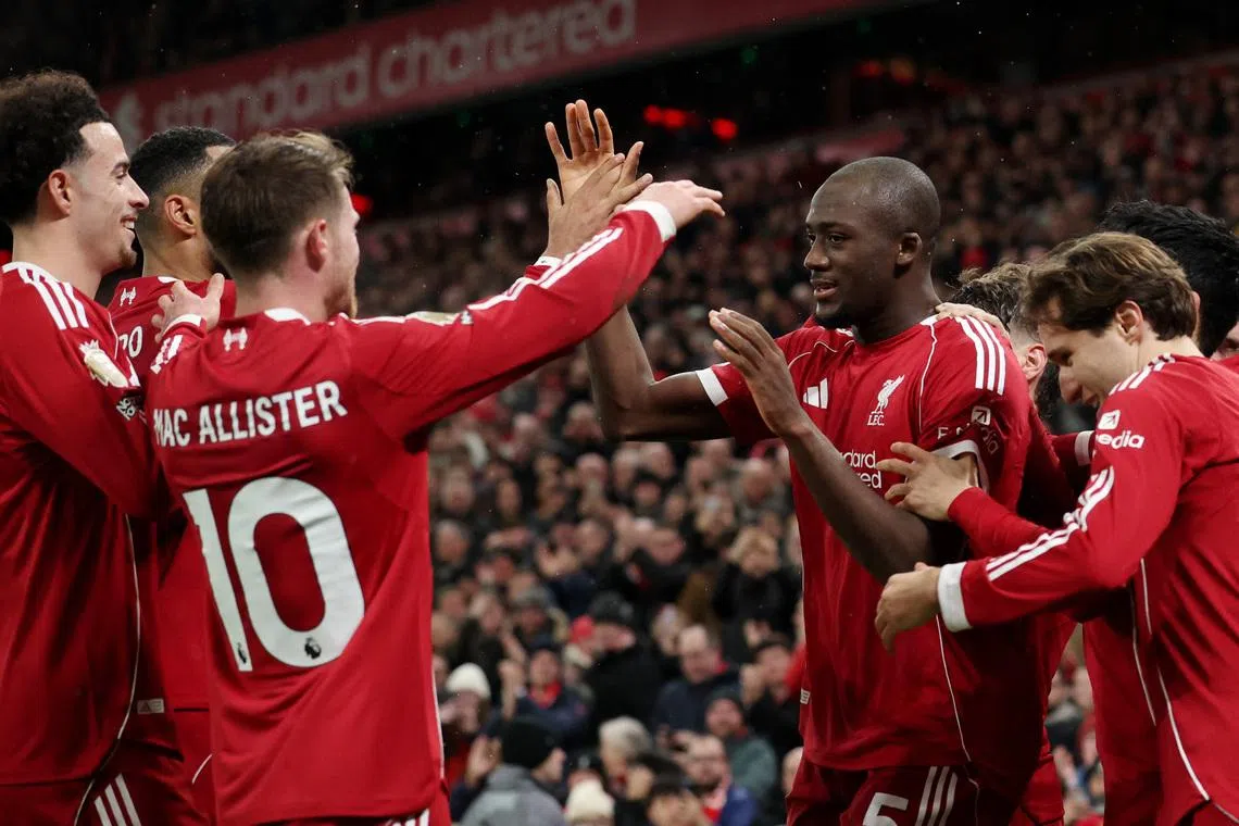 Soccer Football - Premier League - Liverpool v Newcastle United - Anfield, Liverpool, Britain - January 31, 2026  Liverpool's Ibrahima Konate celebrates scoring their fourth goal with teammates REUTERS/Phil Noble
